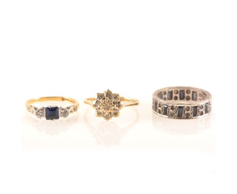 Three gemset rings, two small diamonds illusion set and a square cut blue stone claw set in a yellow and white metal mount ma