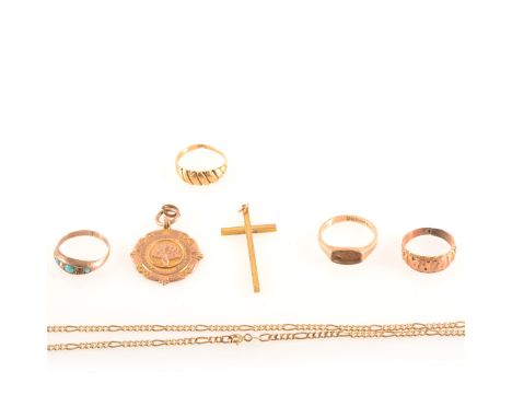 A quantity of gold rings and chain necklaces, yellow metal cross marked 9ct, approximate weight 2.8gms, two 9 carat yellow go