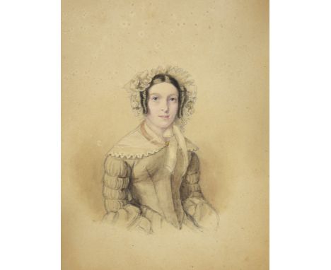 Victorian School, Portrait study of a lady in a bonnet, watercolour, 22cm, x 18cm