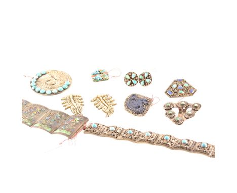 A collection of 1930's Exhibition period costume jewellery many pieces marked "China", a six panel bracelet decorated with en