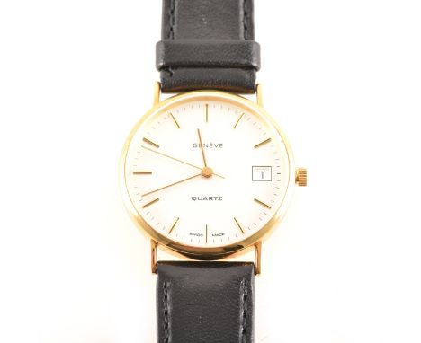 Geneve - A gentleman's 9 carat yellow gold quartz wristwatch, circular white baton dial with centre seconds hand and date ape