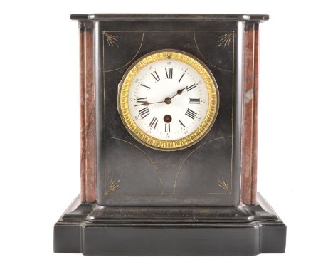 A Victorian black marble mantel clock, case of breakfront form with rouge strips, white enamelled dial, timepiece movement, 2