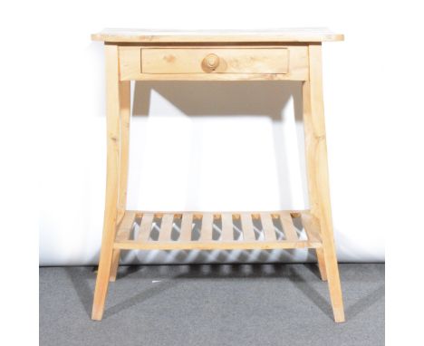 A stripped elm side table, single frieze drawer, splayed supports joined by a rack shelf, width 67cm, depth 40cm, height 77cm