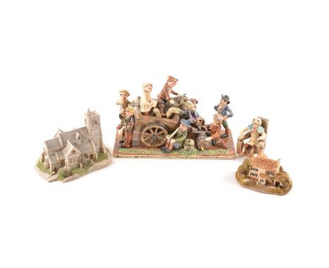 Will Young Devonshire pottery group, 'Bringing home the old grey mare', width 27cm; seven similar figurines; a bisque group o