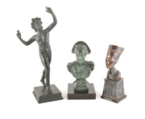 A cast metal model of the Dancing Fawn, 33cm; a reproduction bust of Nefertiti; and another of Napoleon.