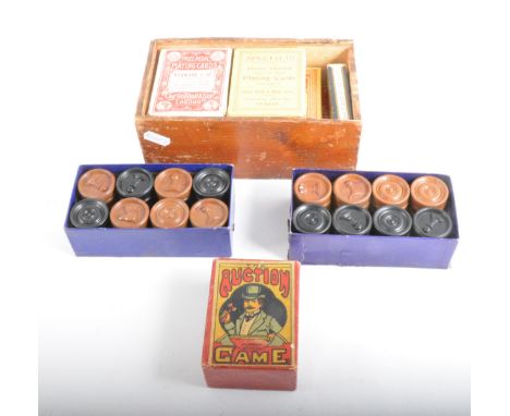 Two Chad Valley 'Services Set', and a number of boxed vintage card games, in a dominoes box