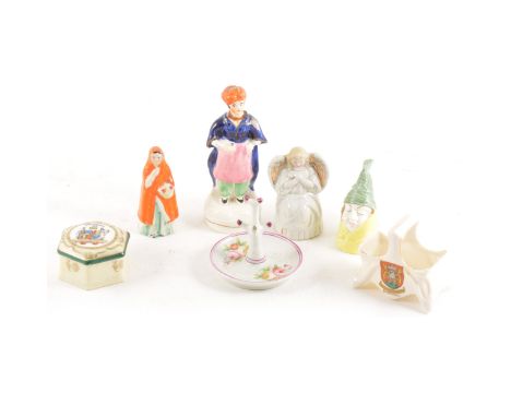 Royal Worcester Extinguisher, Mr Caudle, Fairing type figurines, crested china; together with household ceramics.