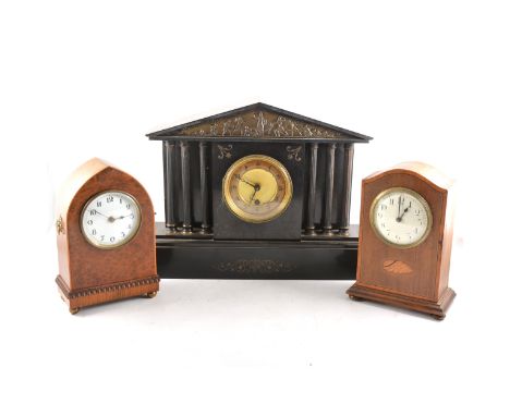 Edwardian yew wood and mahogany lancet-shape mantel clock, white enamelled dial, 23cm; an Edwardian inlaid mahogany mantel cl