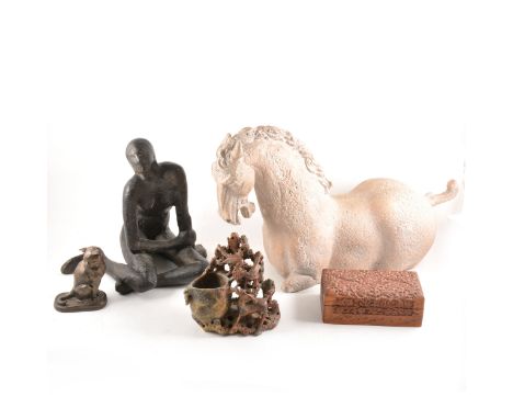 Carved wood model, Lion of Lucerne, 19cm; turned wooden bowls; Chinese soapstone carving; onyx bookends, and other items.