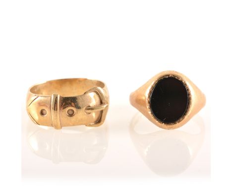 Two 9 carat yellow gold rings, a 7mm wide buckle ring hallmarked London 1979, approximate weight 6.5gms, ring size R, a 9 car