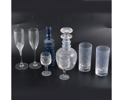 A lead crystal mallet-shape decanter, and a collection of table glassware.