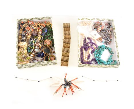 A collection of vintage costume jewellery, brooches including one micro mosaic, freshwater pearl necklace, an amethyst and tu
