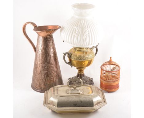 Cast metal oil lamp, brass reservoir, opaque shade damaged, 2cm; brass and copper warming pan; old bellows; other metalware; 