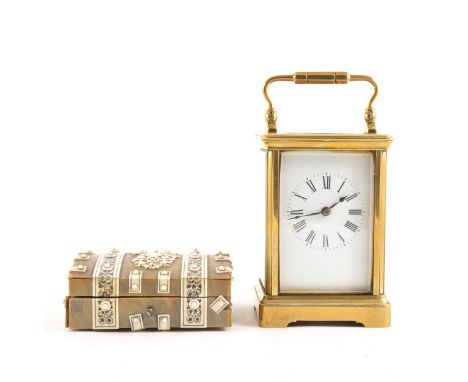 French brass case carriage clock, white enamelled dial, timepiece movement, 14cm; and a Vizagapatam sandalwood lined games bo