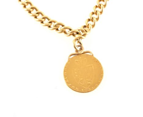 An 18 carat yellow gold single albert watch chain with Spade Guinea attached, the 6.8mm solid curb links fitted with two swiv