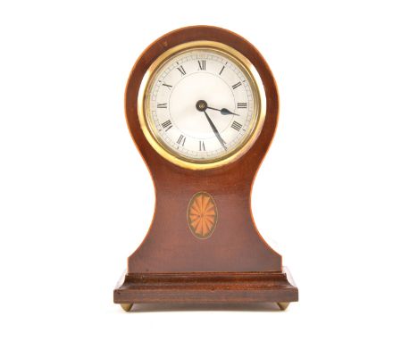 An Edwardian inlaid mahogany balloon-shape mantel clock, white enamelled dial, 25cm.
