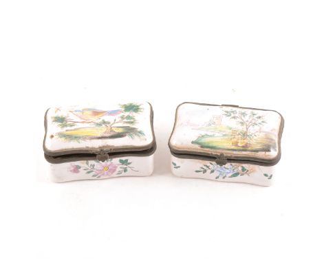 A Continental enamelled snuff box, painted with a castle by a river, monogrammed VP, width 9cm; and a similar box painted wit