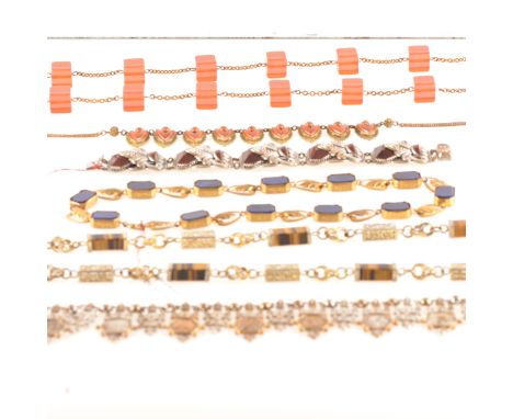 Five vintage necklaces and bracelet, a tiger's eye rectangular block necklace with gilt metal links, 80cm, a cornelion colour