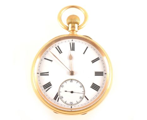 An 18 carat yellow gold open face pocket watch, the white enamel dial having a roman numeral chapter ring and subsidiary seco