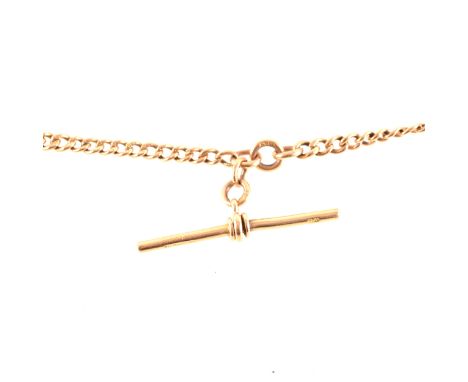 A 9 carat rose gold double albert watch chain, solid curb links graduating from 3.5mm to 6mm, fitted with a T bar and two swi