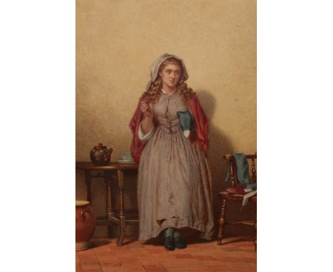 Edward Radford (1831-1920), A stitch in time, signed and dated 1871 lower left, watercolour, framed. 28cm by 20cm