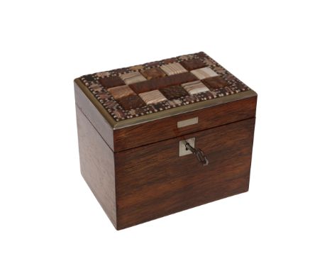 A rosewood and hardstone caddy, 19th Century, the hinged rectangular lid set with an assortment of hardstone tiles, with work