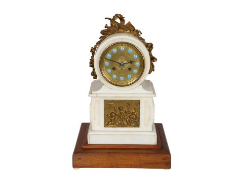 A 19th Century white marble and ormolu mantel clock, signed Miroy Fres, Paris, the drum case housing a circular dial with Rom