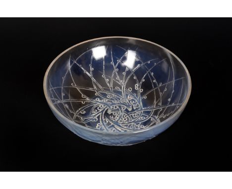 "Graines D'Asperges", a Lalique opalescent glass bowl, moulded with twigs and berries, moulded R. LALIQUE mark. Diameter 24cm