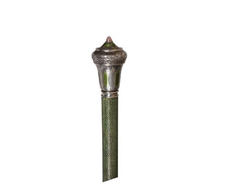A fine Continental shagreen and silver walking cane, the tapering cane with a 900 grade silver top, set with a rose quartz ni