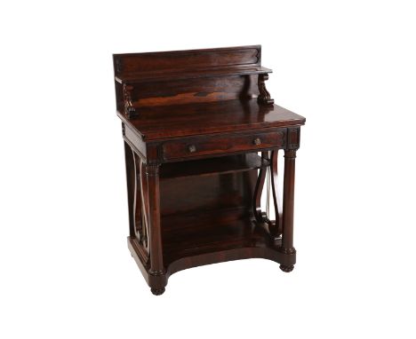 A small Regency rosewood chiffonier, in the manner of Gillows, the rectangular top with shelved superstructure supported by s