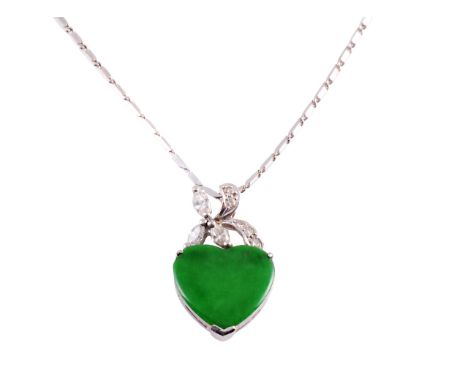 A jade and diamond necklace, the jade heart shaped plaque three claw set in a closed back mount set to the bottom of a mount 