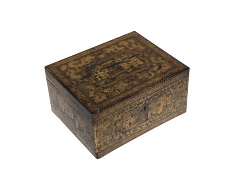 A Chinese export lacquer tea caddy, 19th Century, the hinged rectangular cover opening to reveal twin metal lined canisters, 
