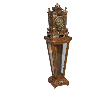 A monumental Victorian oak and brass mounted bracket clock on stand, the clock with 7" circular dial with Arabic numerals to 