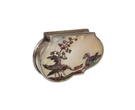 An 18th Century mother-of-pearl and abalone snuff box, the hinged cover and base inlaid with abalone to depict Ho Ho birds, s