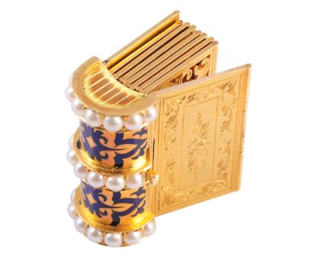 A Victorian enamel and pearl bracelet, circa 1860, the ten rectangular articulated panels designed to fold into a book shape 