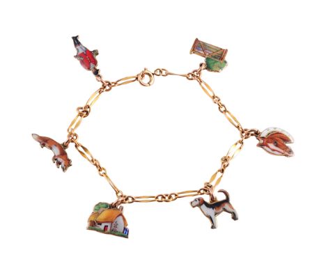 A gold and enamel charm bracelet circa 1900, the fine flattened oval and circular articulated links suspending six evenly spa