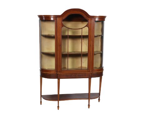 An Edwardian string inlaid mahogany vitrine, with moulded cornice and dome topped breakfront centre section with astragal gla