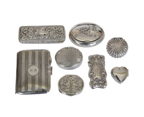 A collection of silver, including cigarette case, snuff boxes, etc. (8) Gross 6.1oz