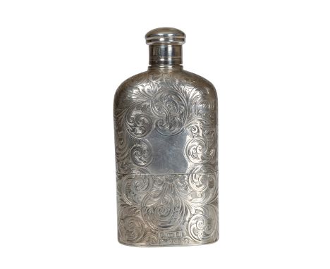 A fine Victorian silver hip flask, Alfred Taylor, Birmingham 1866, chased with entwined scrolls and foliage, vacant cartouche