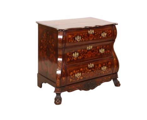 A Dutch floral marquetry and walnut bombe commode, probably 18th Century, the moulded serpentine top with shaped sides and fr