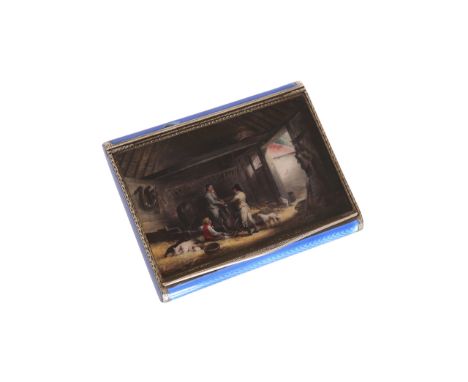A silver and enamel cigarette case, import marks for London 1930, the hinged cover decorated with a stable scene, the sides a