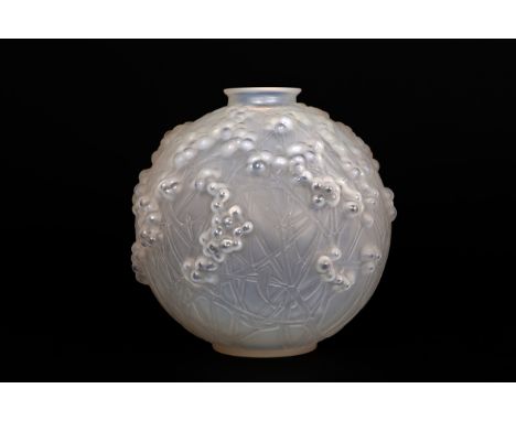 "Druide", a Lalique opalescent glass vase, moulded in high relief with mistletoe, etched R. Lalique France. 17.5cm