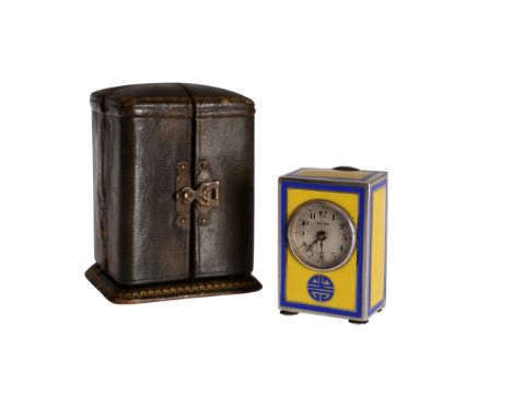 A silver and enamel miniature carriage clock, early 20th Century, signed Cartier, the rectangular case with blue banded yello
