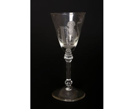 A light baluster wine glass of Newcastle type, c. 1750, the round funnel bowl probably Dutch engraved, the stem with annular 