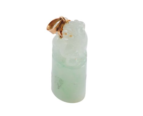 A jadeite seal pendant, the cylindrical base carved to the top with a Chinese dragon, suspending from an oval shaped gold bal