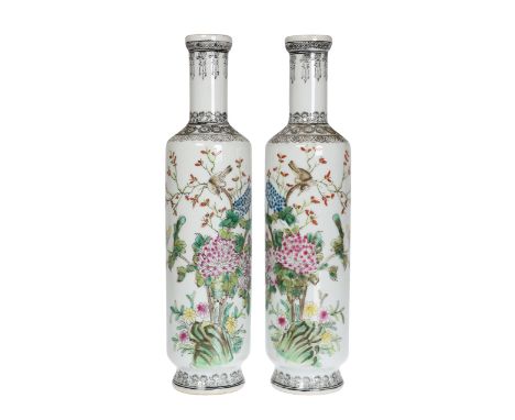 A pair of Chinese vases in Republican style, the shouldered cylindrical bodies issuing conforming necks, each enamel painted 