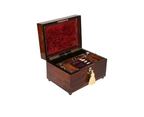 A 19th Century rosewood and mother-of-pearl inlaid work box, the interior with a lift out tray fitted with compartments and w