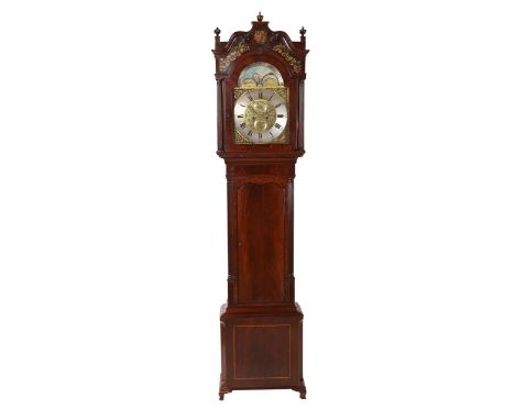 A mahogany eight day longcase clock, unsigned, the 14" brass and steel square dial with subsidiary seconds, date calendar and