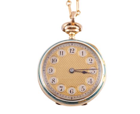 A Continental 18 carat gold, diamond and enamel lady's fob watch, the circular dial with Arabic numerals and engine turning w