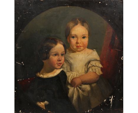 Manner of Sir Thomas Lawrence, Portrait of two young girls, early 19th Century, oil on pine panel, unframed. 46cm by 45cm